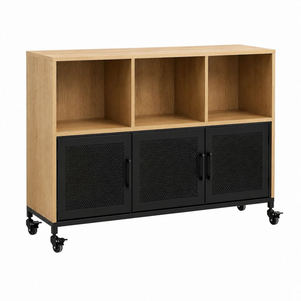 Buffet roulant 3 portes chêne clair et noir en panneaux de particules et acier 120 x 40 x 90 cm