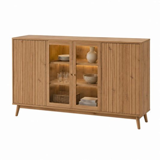 Buffet de salle à manger en pin massif naturel avec portes vitrées 160 x 40 x 90 cm