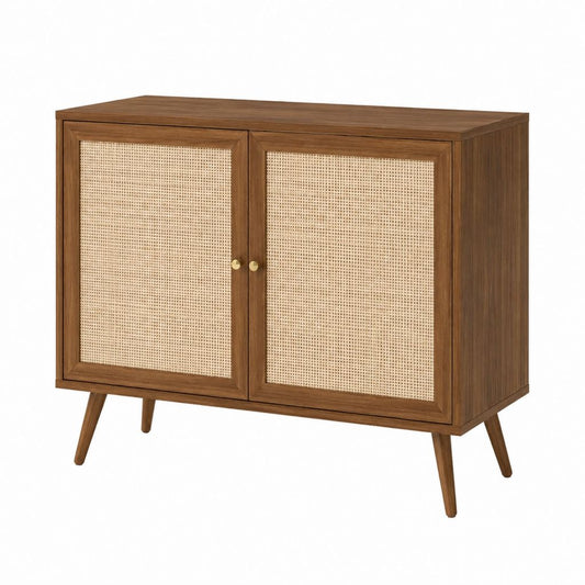 Buffet à 2 portes en MDF décor noyer et cannage en rotin 90 x 40 x 90 cm