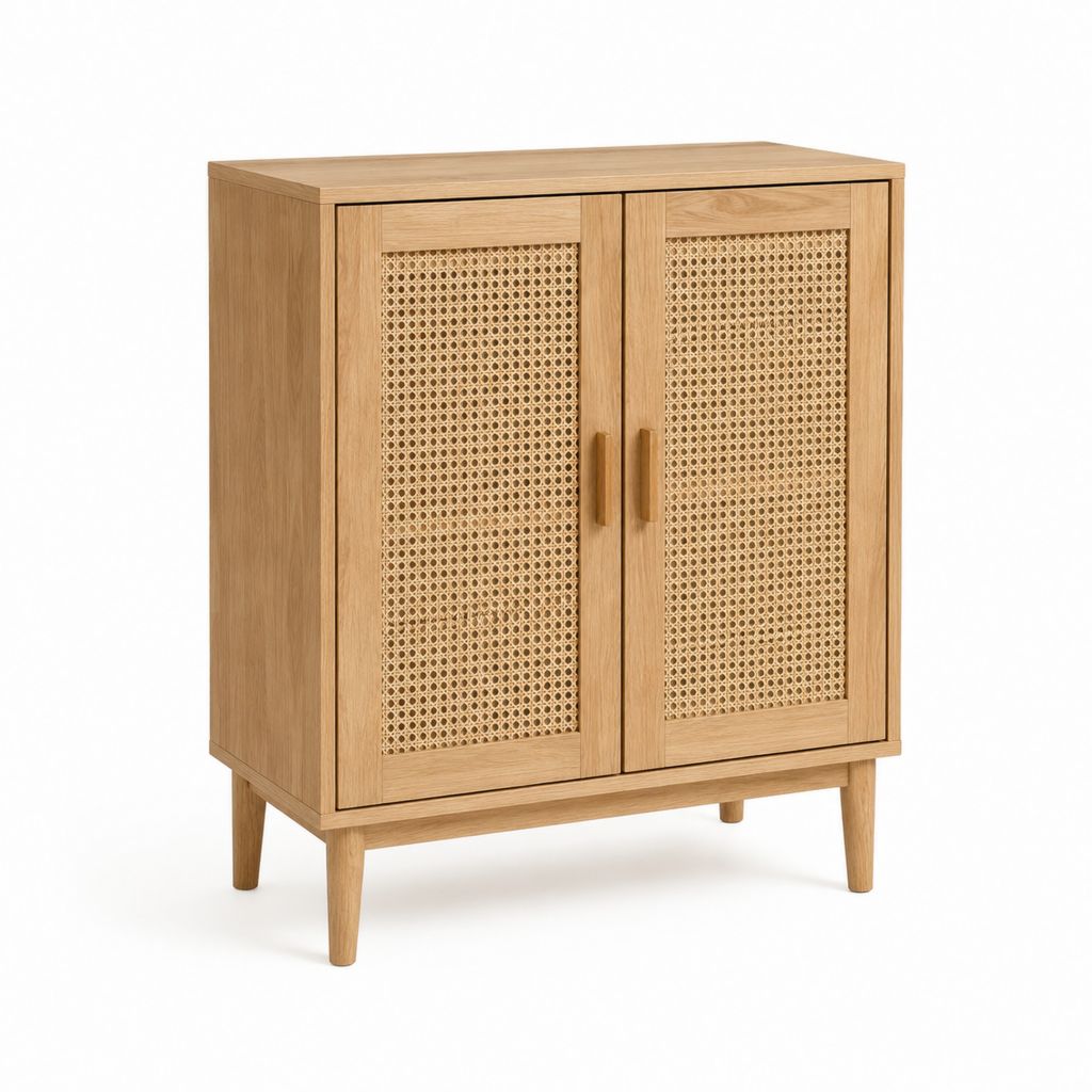 Buffet 2 portes en chêne et rotin naturel 90 x 40 x 110 cm