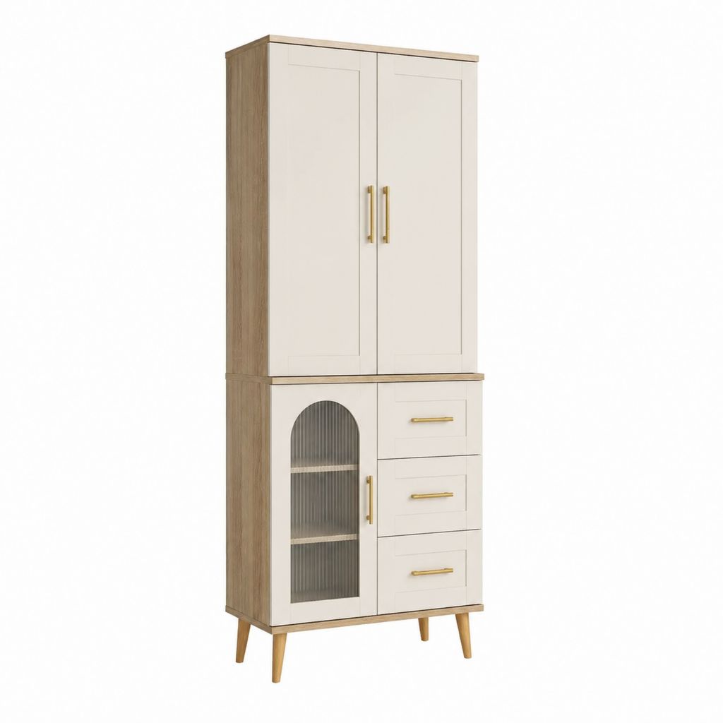 Vaisselier buffet haut rectangulaire blanc et chêne en panneaux de particules 80 x 40 x 180 cm