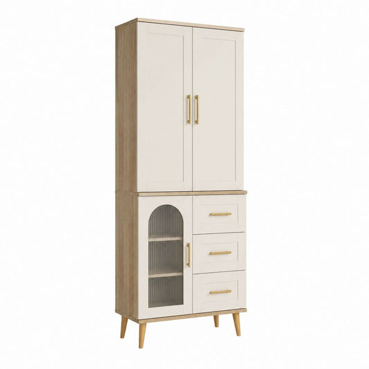 Vaisselier buffet haut rectangulaire blanc et chêne en panneaux de particules 80 x 40 x 180 cm