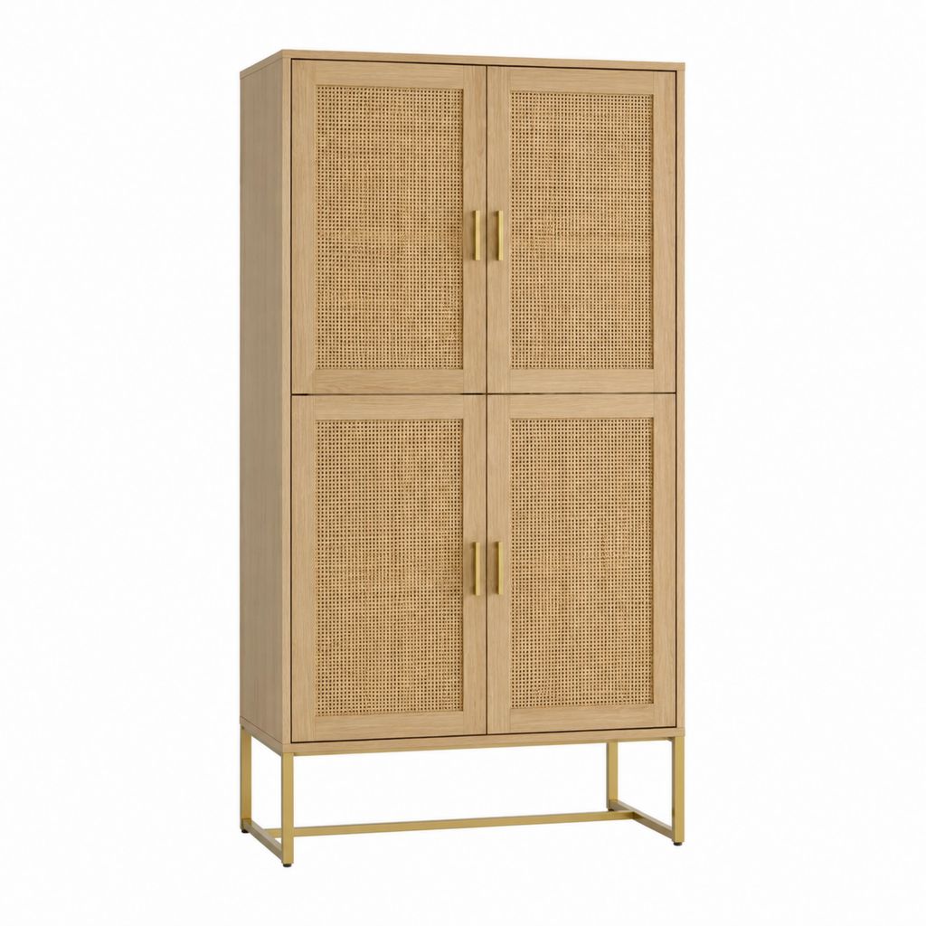 Armoire de chambre 4 portes en chêne et rotin naturel 80 x 40 x 180 cm