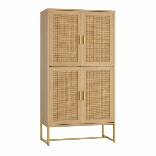 Armoire de chambre 4 portes en chêne et rotin naturel 80 x 40 x 180 cm