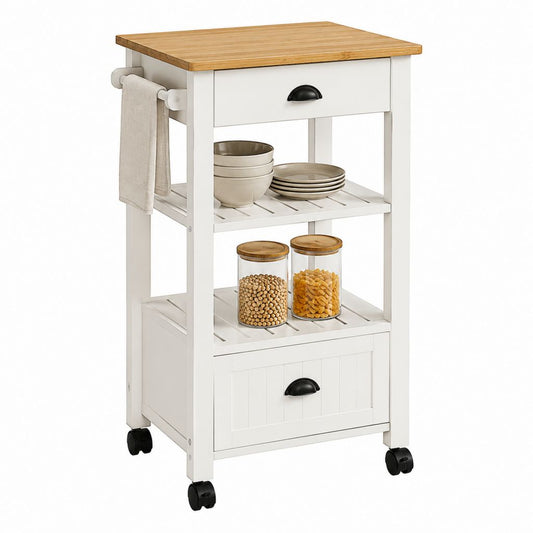 Desserte de cuisine sur roulettes blanche en MDF et bambou 67 x 37 x 85 cm