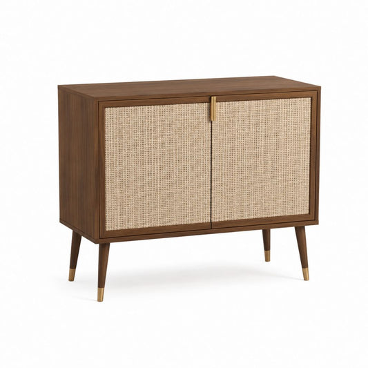 Buffet 2 portes rectangulaire noyer MDF et rotin 90 x 40 x 85 cm