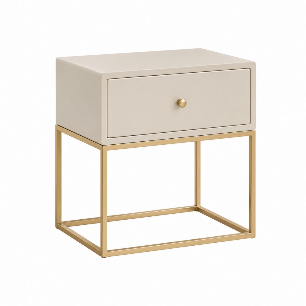 Table de chevet à 1 tiroir beige en MDF laqué et acier doré 45 x 40 x 55 cm