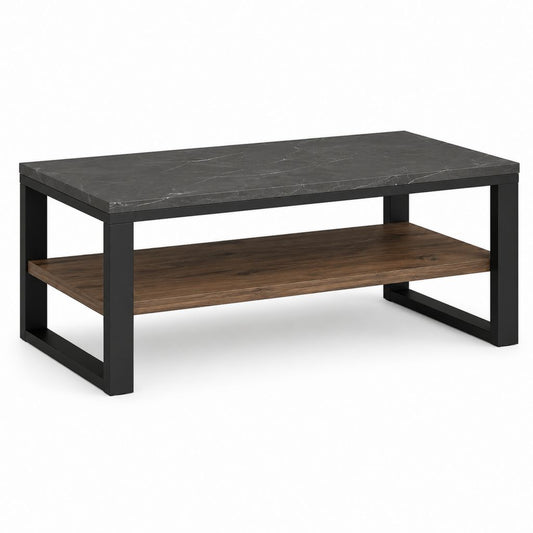 Table basse rectangulaire noire effet marbre avec étagère décor noyer 100 x 60 x 45 cm