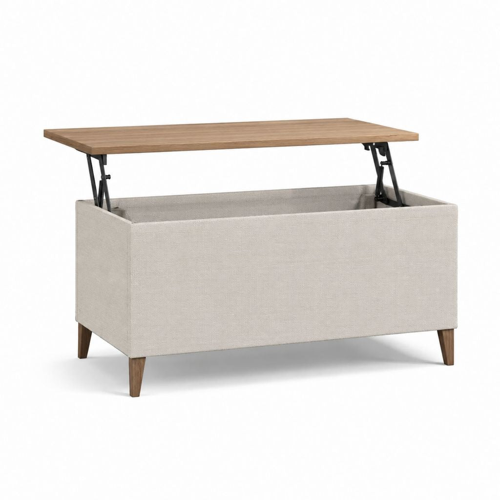 Table basse relevable avec rangement rectangulaire beige en polyester et panneau de particules 100 x 60 x 45 cm