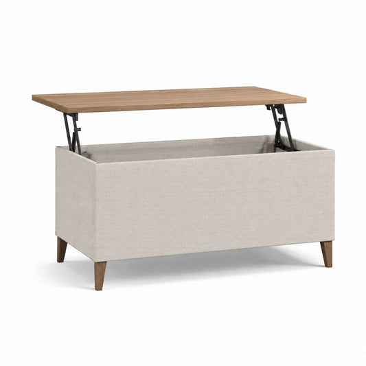Table basse relevable avec rangement rectangulaire beige en polyester et panneau de particules 100 x 60 x 45 cm