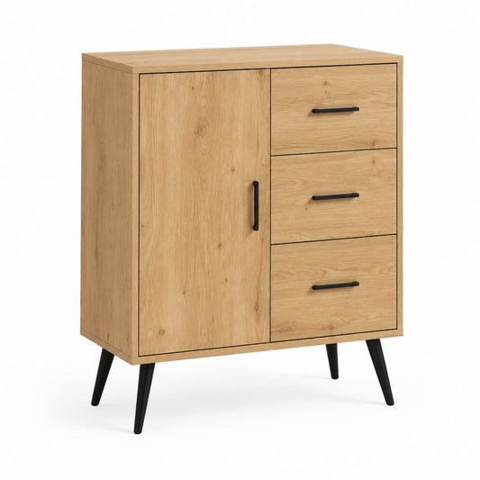 Buffet de rangement rectangulaire 3 tiroirs 1 porte chêne clair en panneaux de particules 100 x 40 x 120 cm