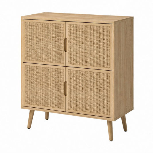 Buffet 4 portes chêne naturel en MDF plaqué chêne et cannage en rotin 90 x 40 x 110 cm