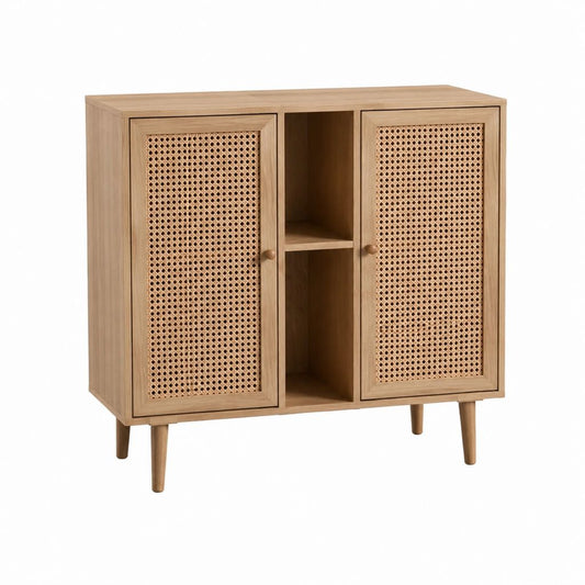 Buffet de salle à manger rectangulaire chêne et rotin 80 x 40 x 100 cm