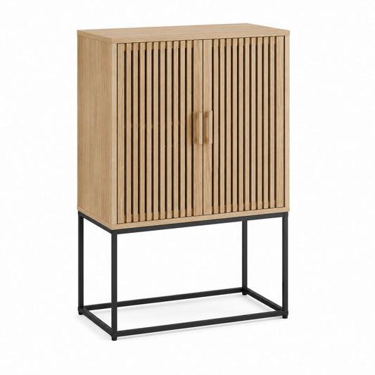 Buffet haut 2 portes en chêne clair et acier noir 80 x 40 x 140 cm