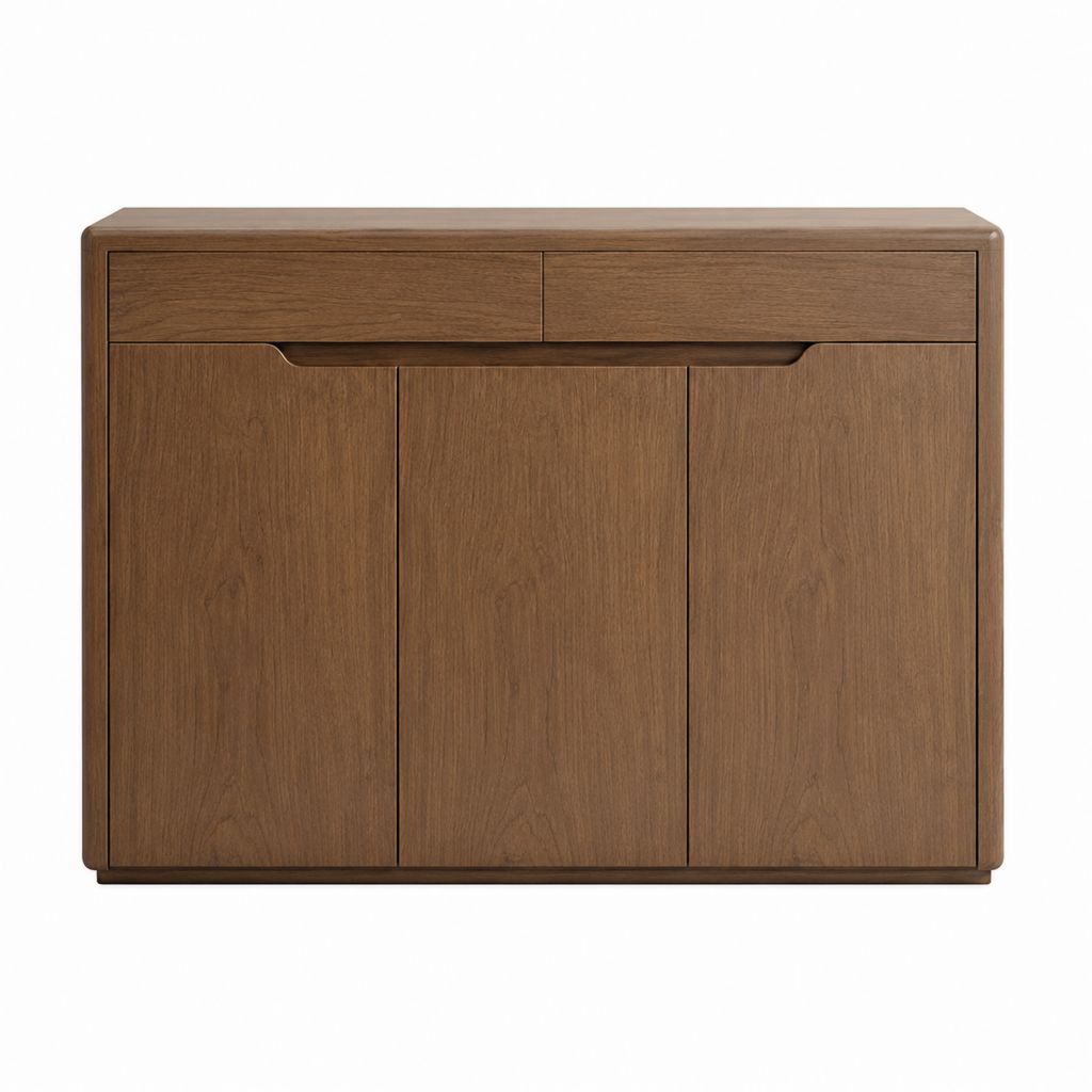 Buffet 3 portes 2 tiroirs brun noyer en panneaux MDF plaqués chêne 120 x 40 x 90 cm
