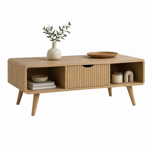 Table basse rectangulaire chêne clair en MDF plaqué chêne 120 x 45 x 50 cm avec rangement