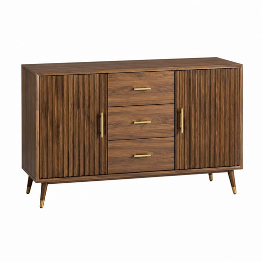 Buffet de salle à manger rectangulaire marron noyer en MDF plaqué noyer 160 x 45 x 90 cm avec 3 tiroirs et 2 portes