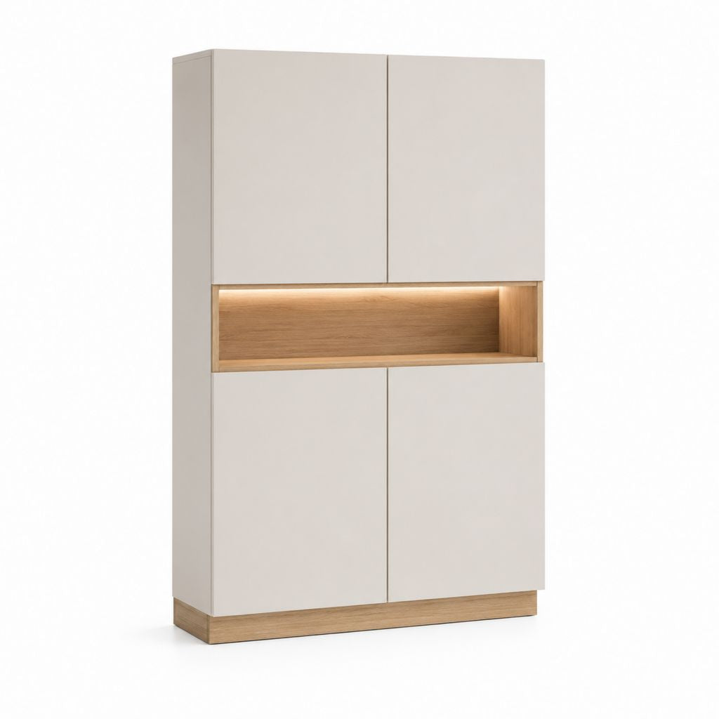 Buffet haut 4 portes blanc et chêne en panneaux de particules mélaminés 100 x 40 x 190 cm
