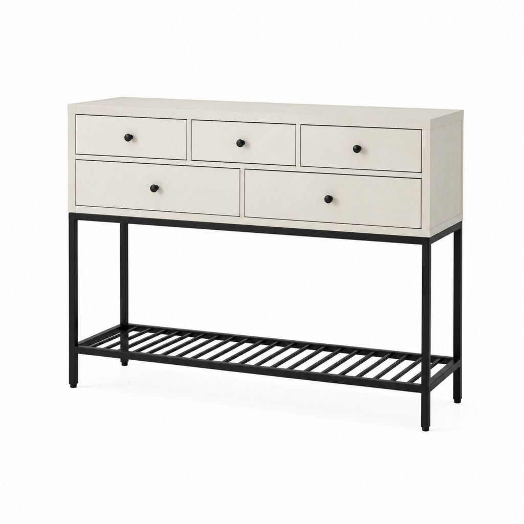 Buffet console 5 tiroirs blanc cassé et noir en MDF et acier 120 x 40 x 100 cm