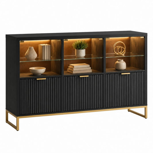 Buffet vitrine de salle à manger noir et doré en MDF et verre rectangulaire 160 x 40 x 100 cm